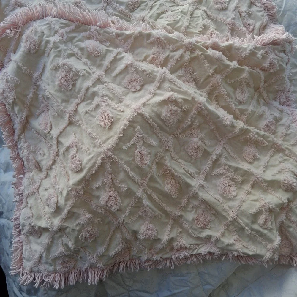 Pillow Shams Set of 2 Tufted Chenille Diamond Tassel Pink Cream Cotton